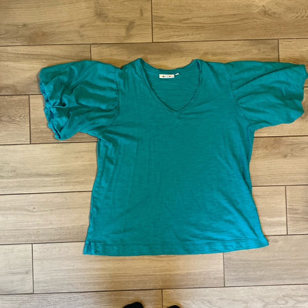 Teal Shirt with Puffy short sleeves.
